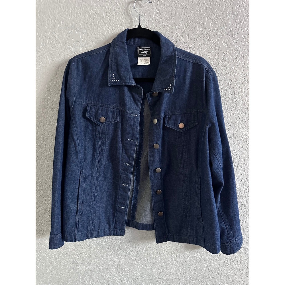 Southern Lady Petite Denim Jacket Rhinestone Back Embellished Size 10 863 AP